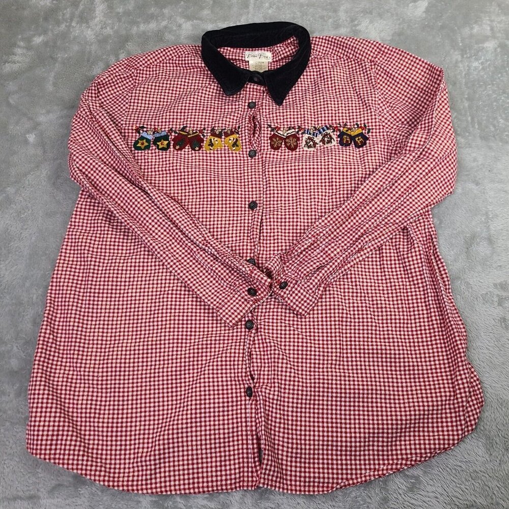 Bobbie Brooks Woman Red White Checked Christmas Mittens Button Front Top 18W 20W
